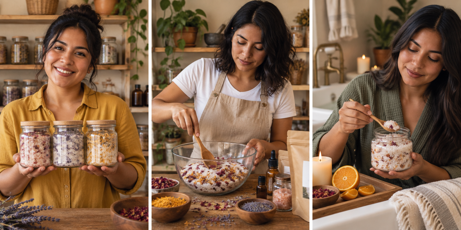 Tres mujeres creando y disfrutando sales de baño terapéuticas